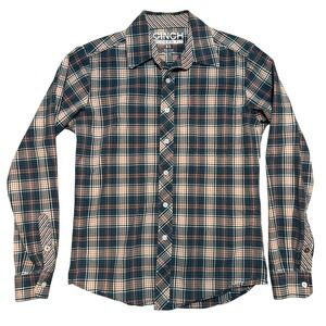 Cinch‎ Men Modern Fit Plaid Long Sleeve Cotton Button Down Shirt XS Orange Blue